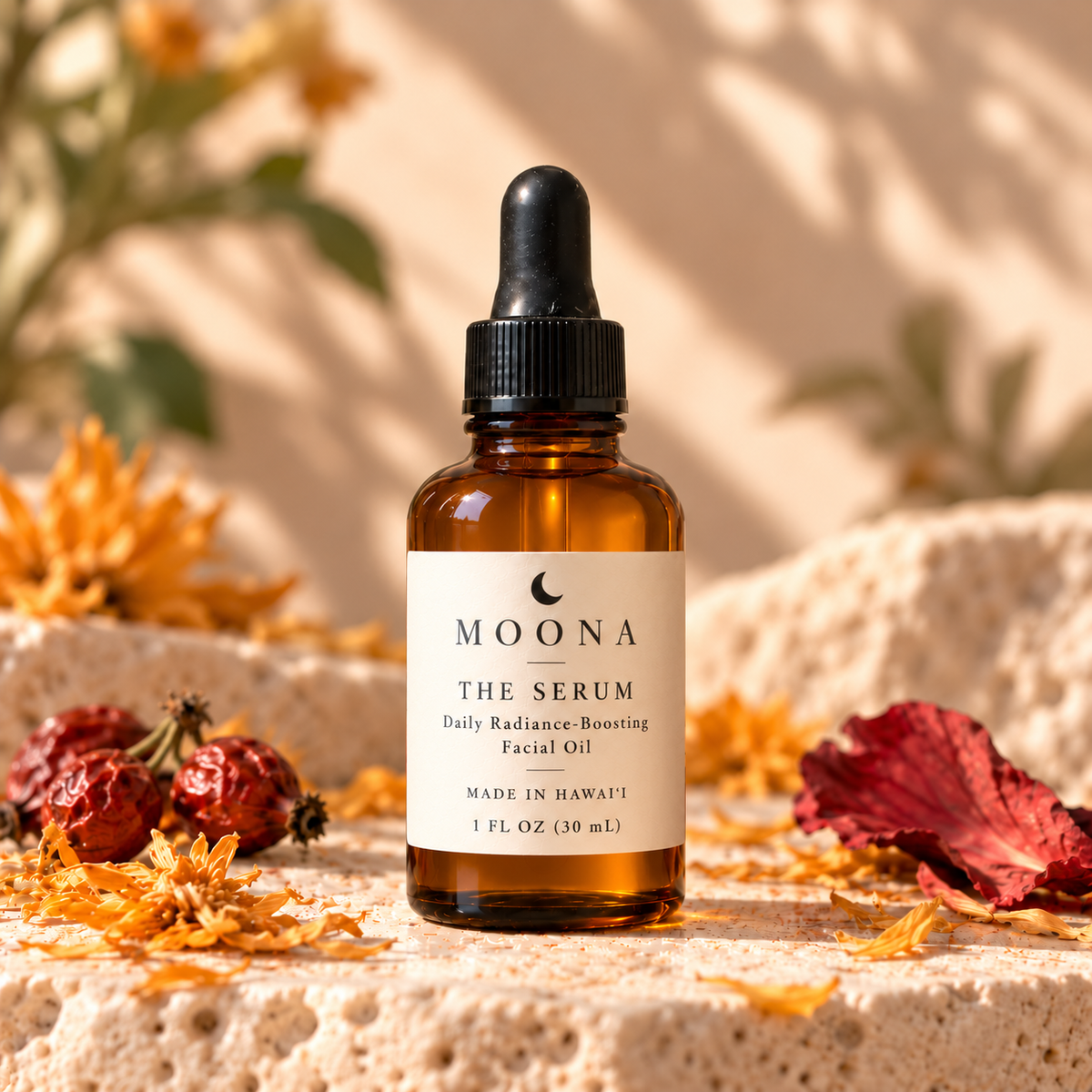 MOONA The Serum in its true 1 oz bottle size with subtle amber oil and botanical background